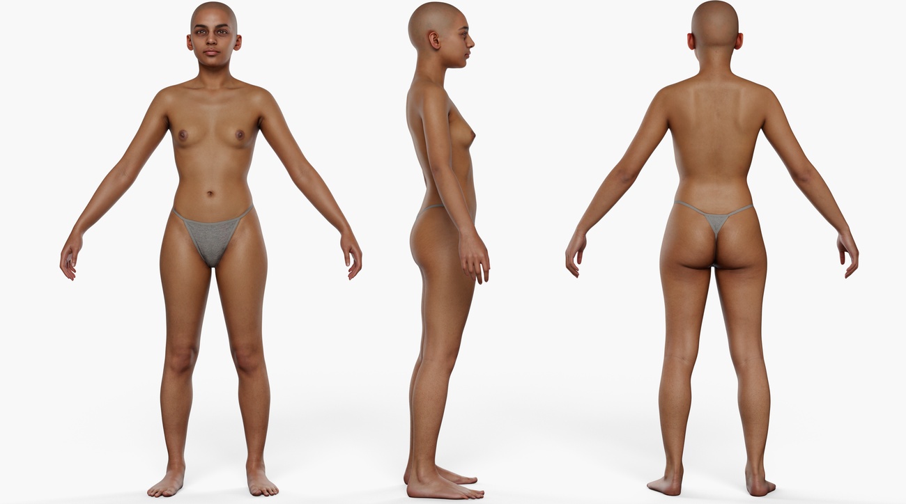 Full body 3D scan of a slim toned female with smooth skin, retopologised quad mesh for character art pipelines